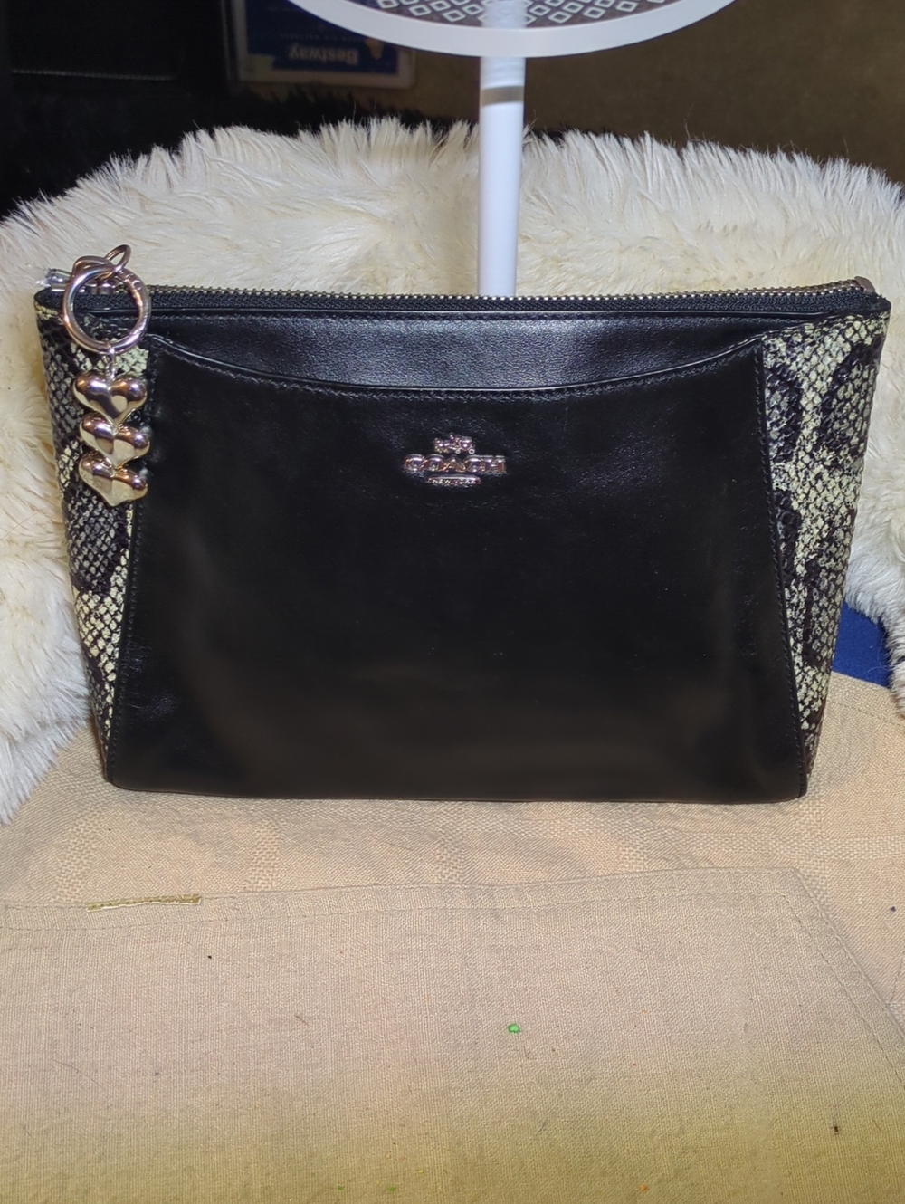 Coach Black Leather & Snake-Print Large Clutch In Pristine Condition NOW ONLY$50